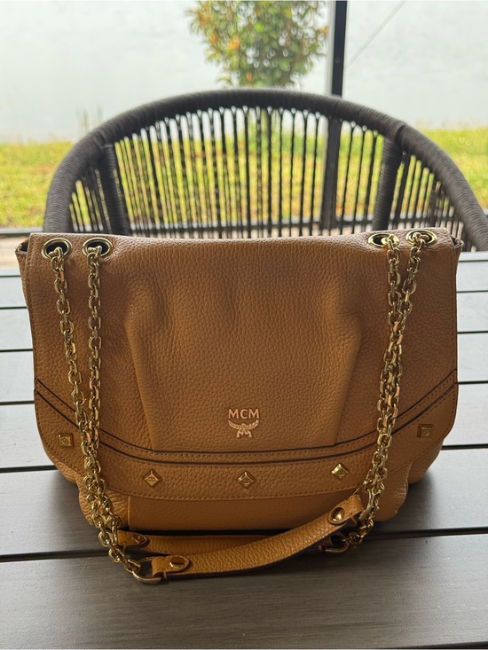 MCM Handbags - MCM light Brown Leather Shoulder Bag with Gold Chain Straps
